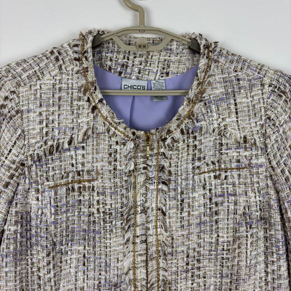 Chico's Tweed Blazer Jacket Beige Gold Metallic Lady Jacket 2/Large pockets - Picture 3 of 12